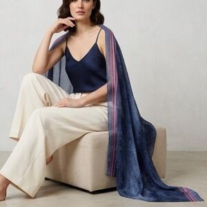 MANGO Blue Patterned Scarf with Pink Stripes